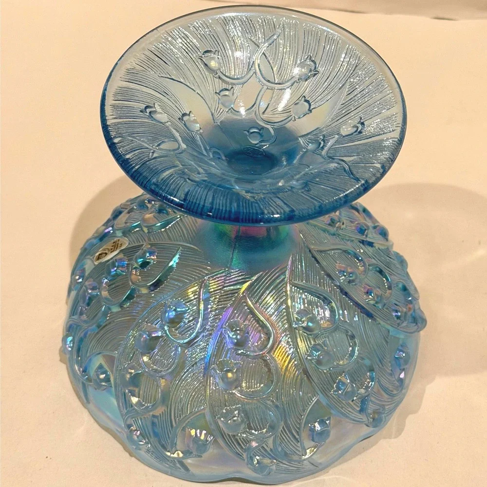 Fenton Lily of the Valley Blue Opalescent Moon Glass Lidded Candy Dish Vintage